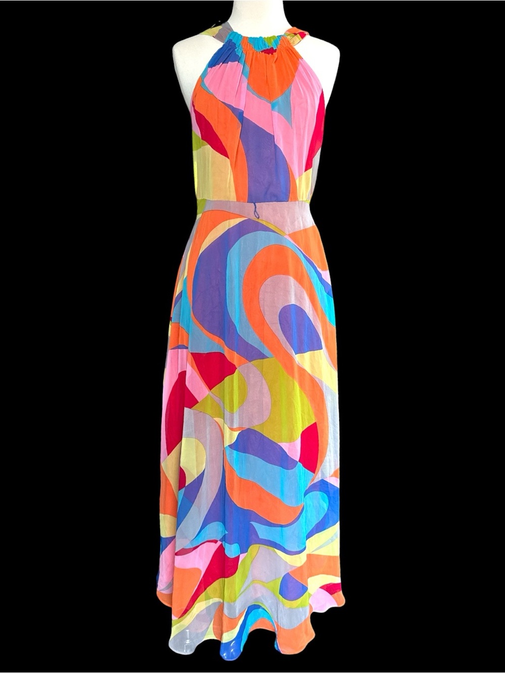 Muse for Boston Proper Chiffon Halter Maxi Dress Retro Geometric Swirl Size 6